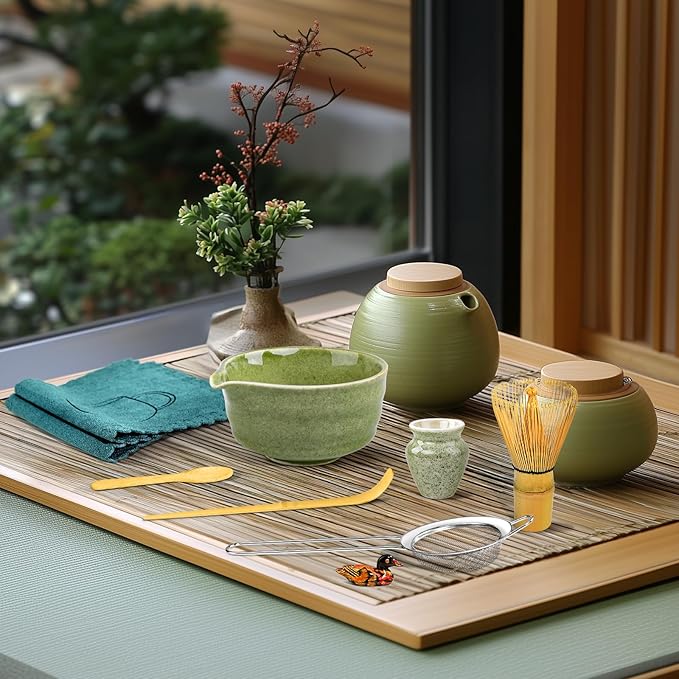 Matcha Set, 9 Pcs Japanese Matcha Whisk Set Matcha Tea Set for Traditional Tea Ceremony, Ceramic Matcha Kit for Matcha Drinks Matcha Set Whisk and Bowl Gift for Starters & Matcha Lover, Green