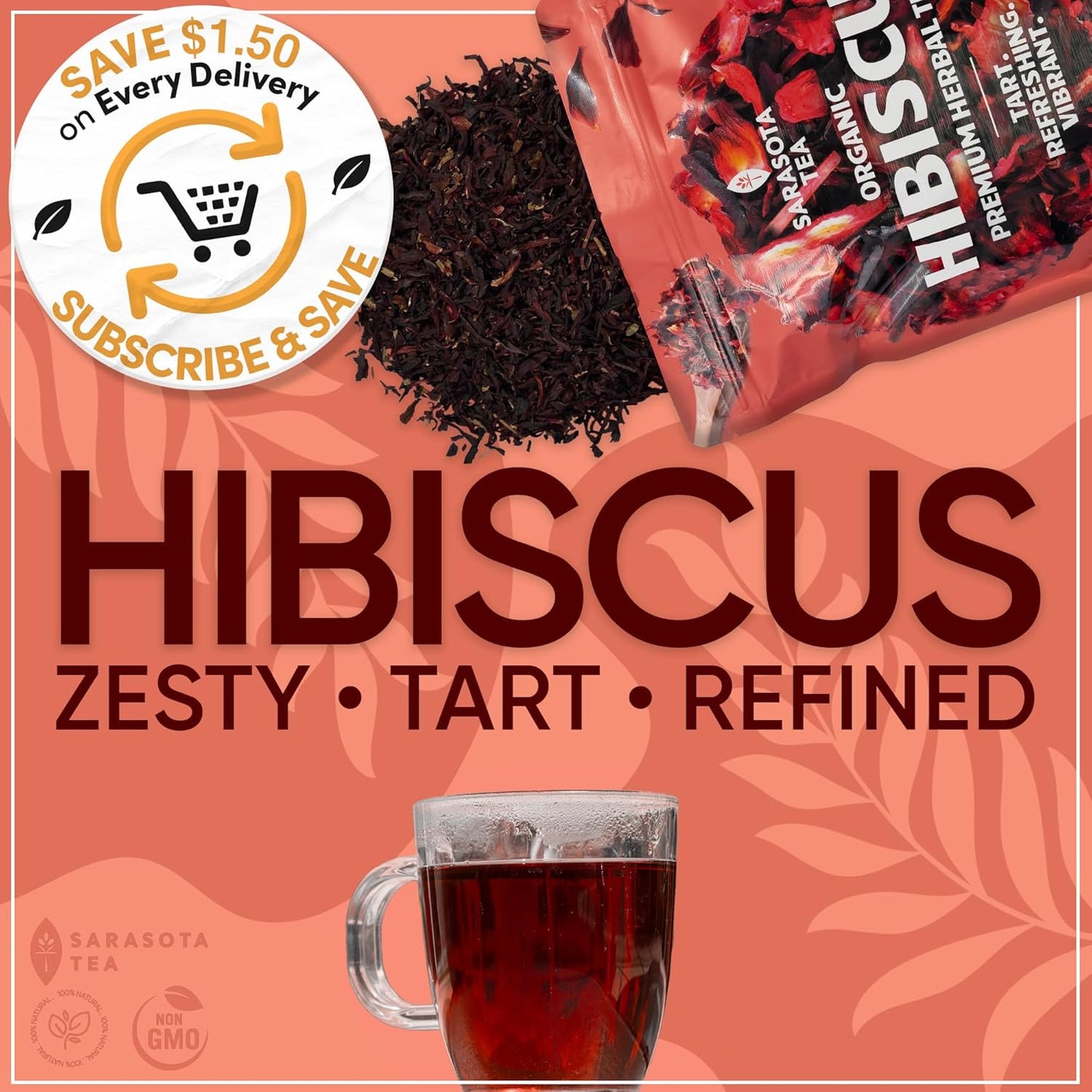 Organic Hibiscus Tea 1 lb (16 Oz) – USDA Certified Organic Hibiscus Flowers, Cut &amp; Sifted – Caffeine Free Loose Leaf Herbal Tea for Hot or Iced Tea – Non-GMO Bulk Resealable Bag
