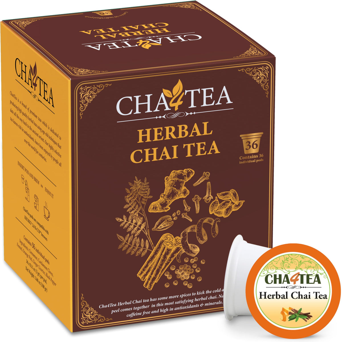 Cha4TEA 36-Count Herbal Chai Tea Pods Compatible with Keurig K-Cup Brewers