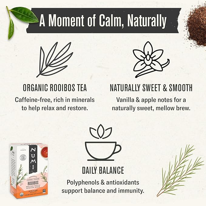 Numi Organic Rooibos Tea, 54 Microplastic Free Bags, Caffeine Free South African Red Tea