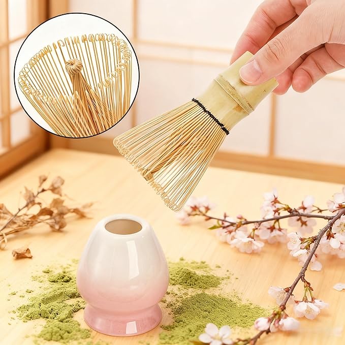 8 Pack Matcha Whisk Set, Japanese Matcha Tea Set, Ceramic Mixing Bowl with Spout, Bamboo Measuring Spoon and Scoop Stand, Towel, Whisk Holder