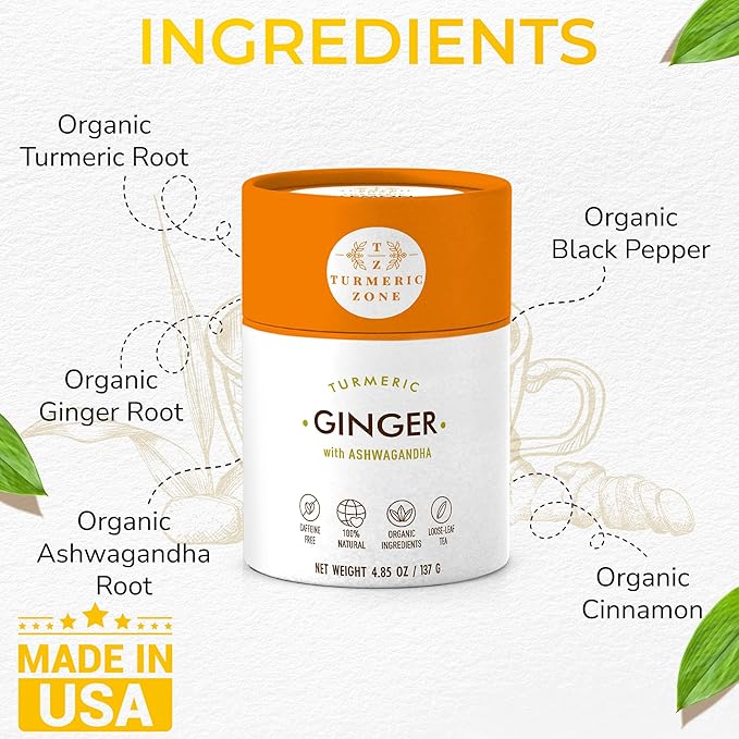 Turmeric Zone Organic Turmeric Ginger Ashwagandha Decaf Tea made with Turmeric Root, Ginger Root, Ashwagandha Root, Cinnamon, Black Pepper - 4.85 oz