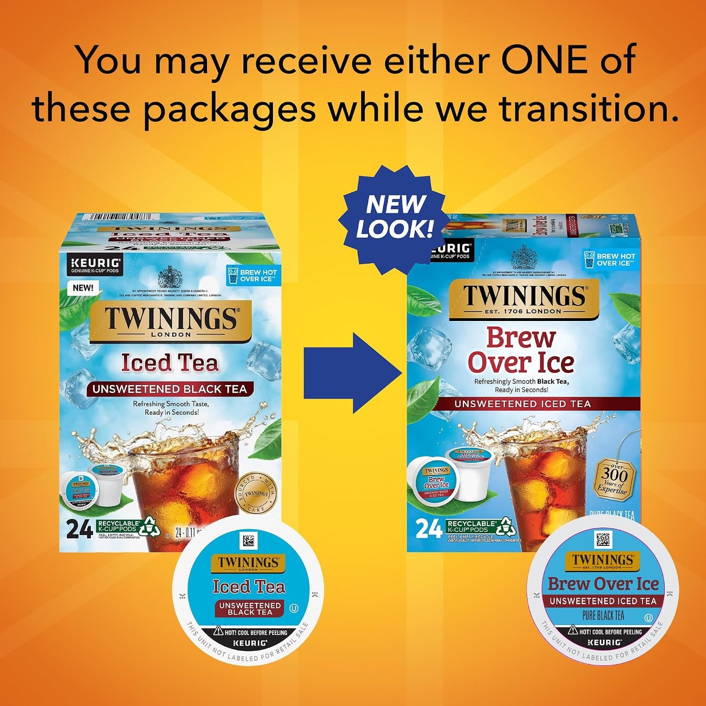 Twinings Brew Over Ice Unsweetened Black Iced Tea K-Cups 24 CT Box (1 Pack) | Refreshing, Smooth, Pure Black Tea, Naturally Caffeinated, 24 Keurig Pods for Single Serve Brewers, Fresh Iced Tea in Seconds