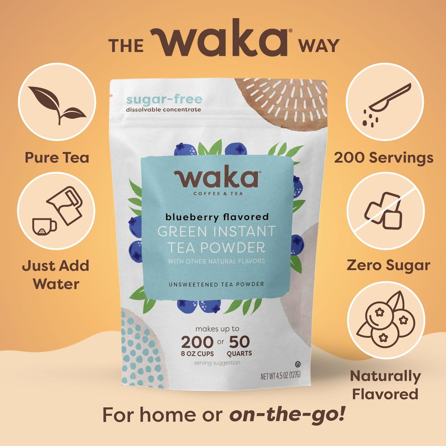 Waka Instant Green Tea Mix, Blueberry Flavored, Sugar-Free, 4.5 oz | Naturally Flavored, Unsweetened Concentrated Green Tea Powder, Makes up to 200 Hot or Iced Cups