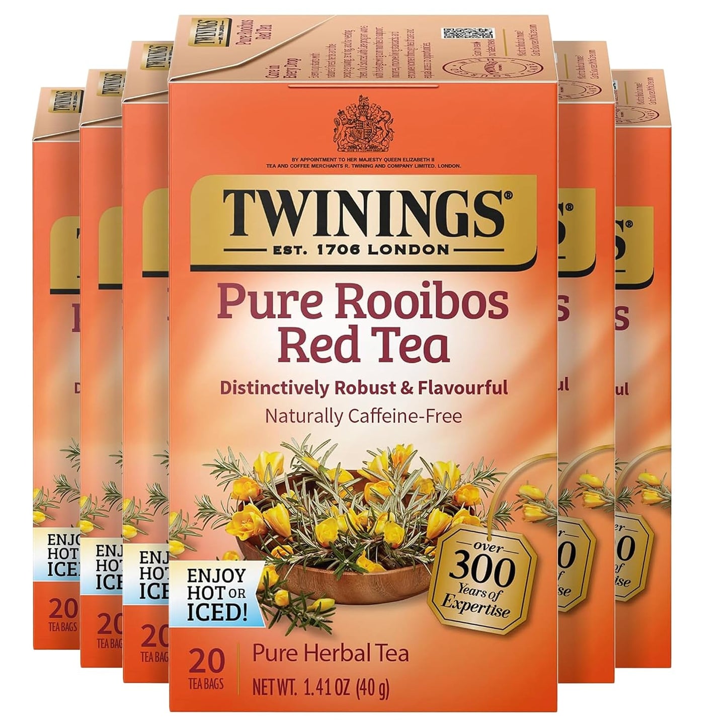 Twinings Pure Rooibos Red Herbal Caffeine-Free Tea Bags 20 CT Box (6 Pack) | Pure Redbush Leaves, Caramel Notes, Naturally Caffeine-Free, 120 Foil Lined Individually Wrapped Bags, Enjoy Hot or Iced