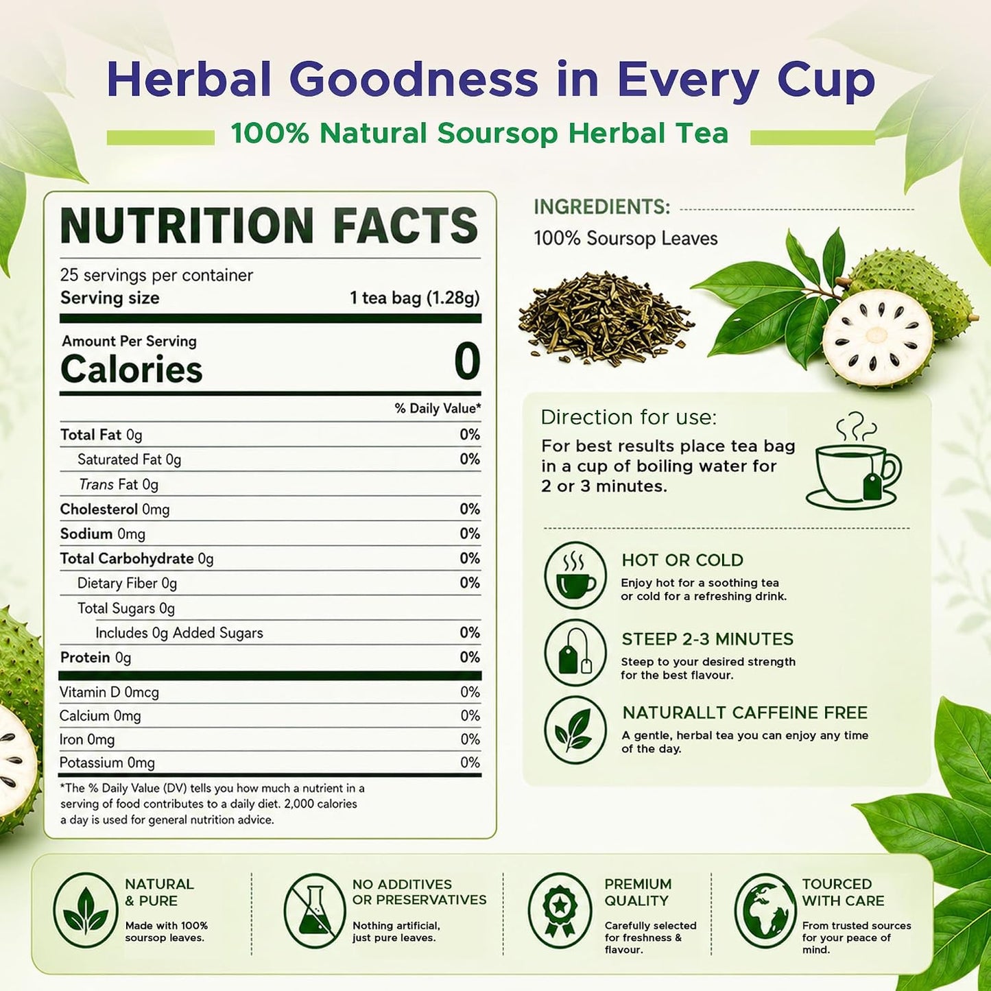 Jans Soursop Tea Bags, 50 Count, 2 Pack of 25, 100% Natural Soursop Leaves