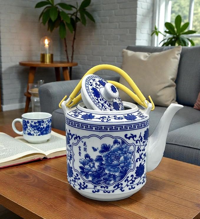 Large Teapot Blue and White Tea Pot Porcelain 66 OZ Floral (flower)