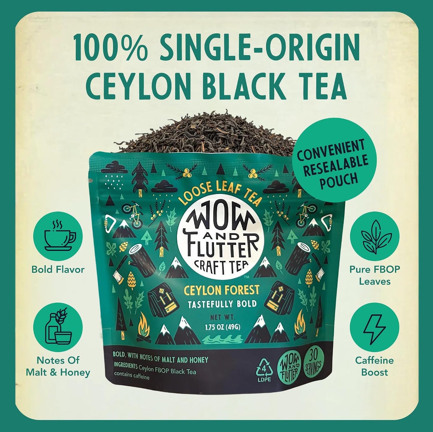Wow and Flutter Ceylon Forest Loose Leaf Black Tea, Sri Lankan FBOP 1.75 oz | Single-origin grown with bold, smooth flavor natural sweet malt + honey notes for daily enjoyment, small-batch fresh packed