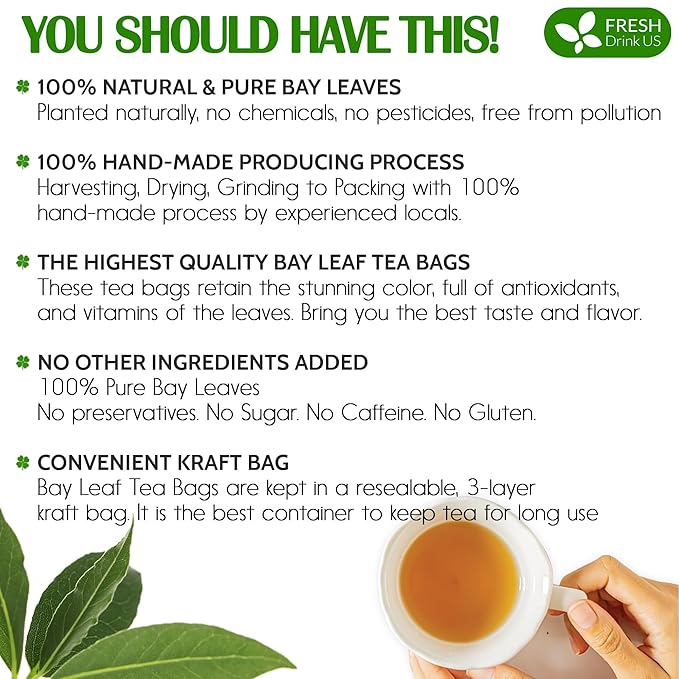 FreshDrinkUS, Premium 105 Bay Leaf Tea Bags, 100% Natural & Pure from Bay Leaves. Loose Leaf Bay Herbal Tea. Made with Natural Material Tea Bags