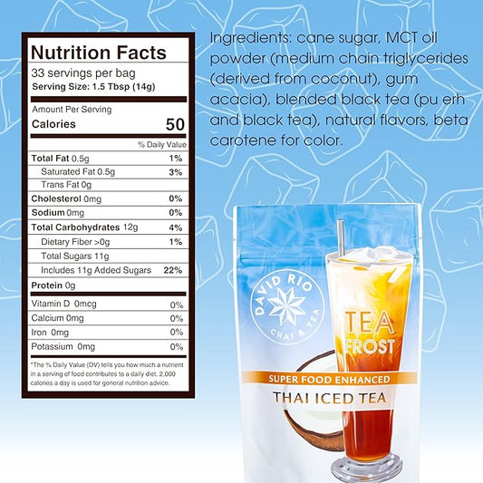 David Rio Thai Iced Tea Mix, 16.2 Oz, Black & Pu Erh Tea, Enhanced with Beta Carotene and MCT Oil, Vegan, Gluten Free, 33 Servings