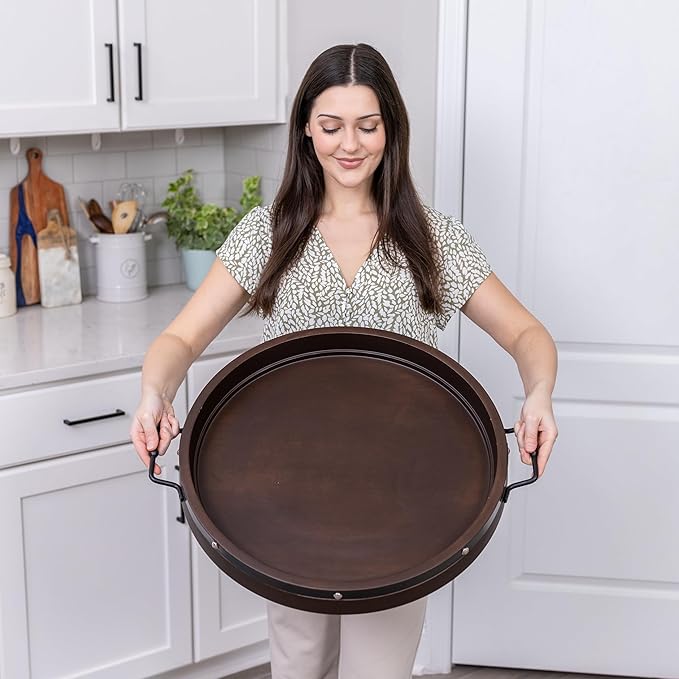 20" Extra Large Round Ottoman Tray, Heavy Duty Mango Wood, for Serving Tea, Breakfast in Bed