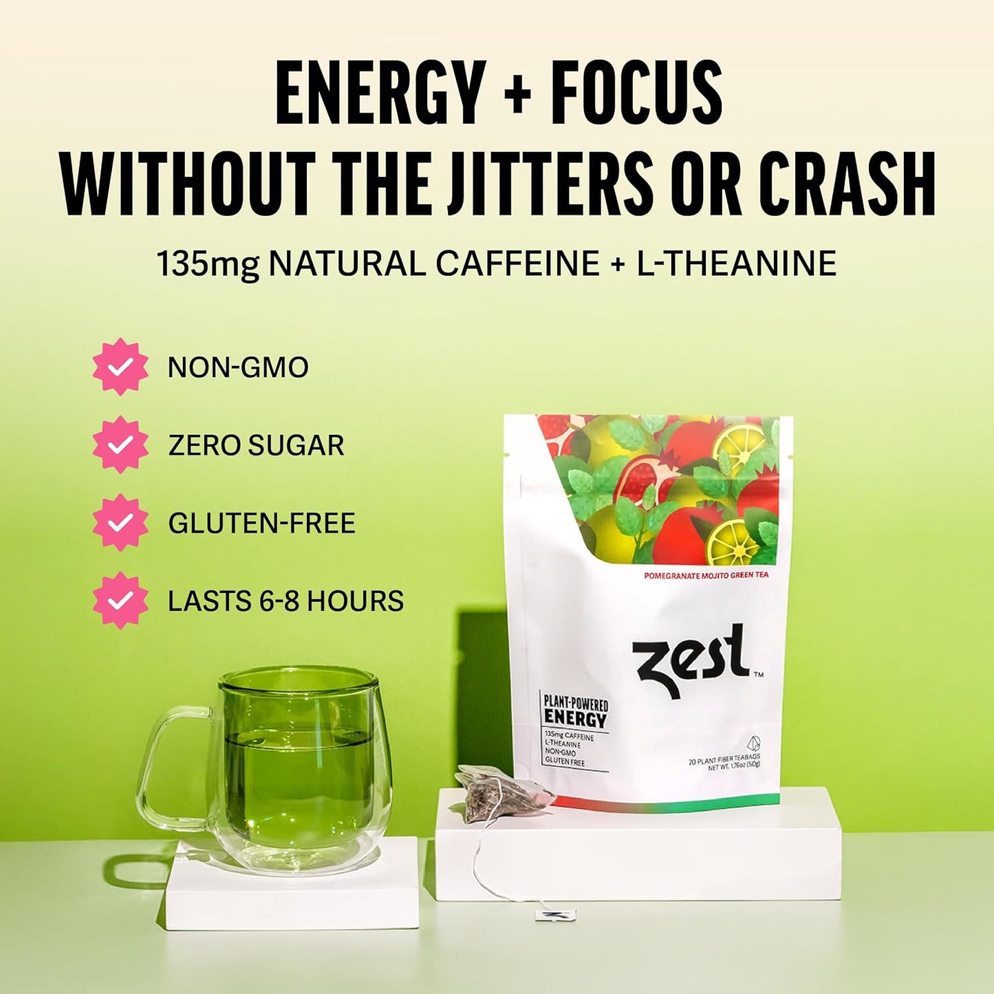 Zest Energy Green Tea – Pomegranate Mojito High Caffeine Tea Bags for Focus &amp; Morning Energy – Natural Caffeinated Tea with 135mg Caffeine – Coffee Substitute – 20Ct Pack, Non-GMO &amp; Keto Friendly