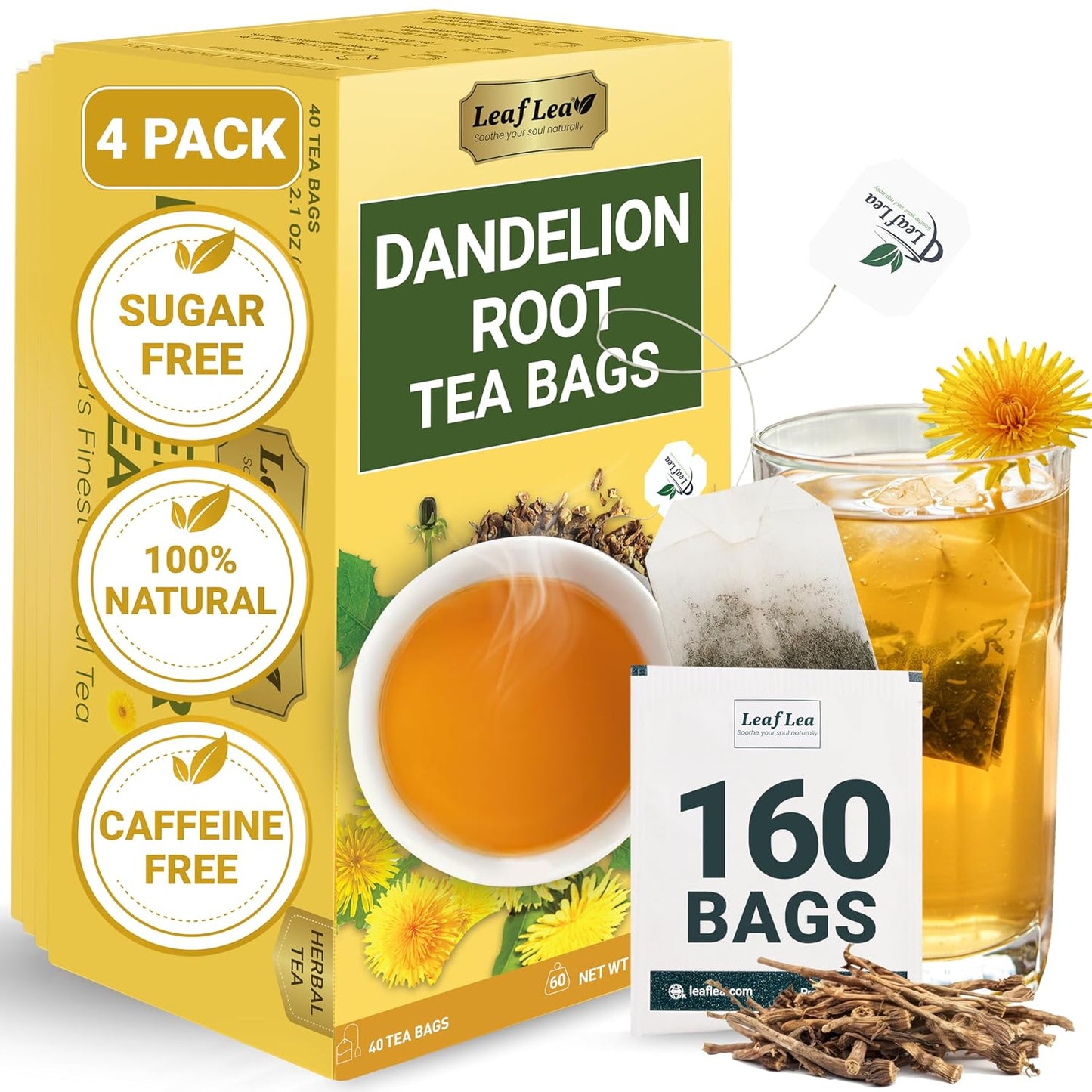 LeafLea Dandelion Root Tea Bags, 160 Dandelion Tea Bags, Natural Dried Dandelion Root, Caffeine-Free, Vegan, Gluten-Free, No Sugar, Sealed for Fresh Flavor, 4 Pack