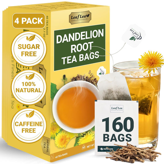 LeafLea Dandelion Root Tea Bags, 160 Dandelion Tea Bags, Natural Dried Dandelion Root, Caffeine-Free, Vegan, Gluten-Free, No Sugar, Sealed for Fresh Flavor, 4 Pack