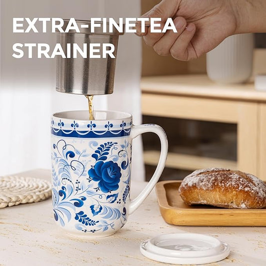 Gbhome Tea Mug with Infuser and Lid, 18 Ounce Large Ceramic Loose Leaf Cup, Microwave, Dishwasher Safe, Perfect For Tea Lovers