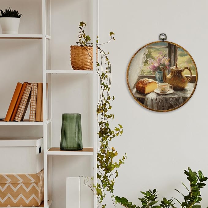 XPH Abstract Vintage Teapot Bread Round Wall Art Framed, Antique Coffee Cup Floral Circle Wall Decor