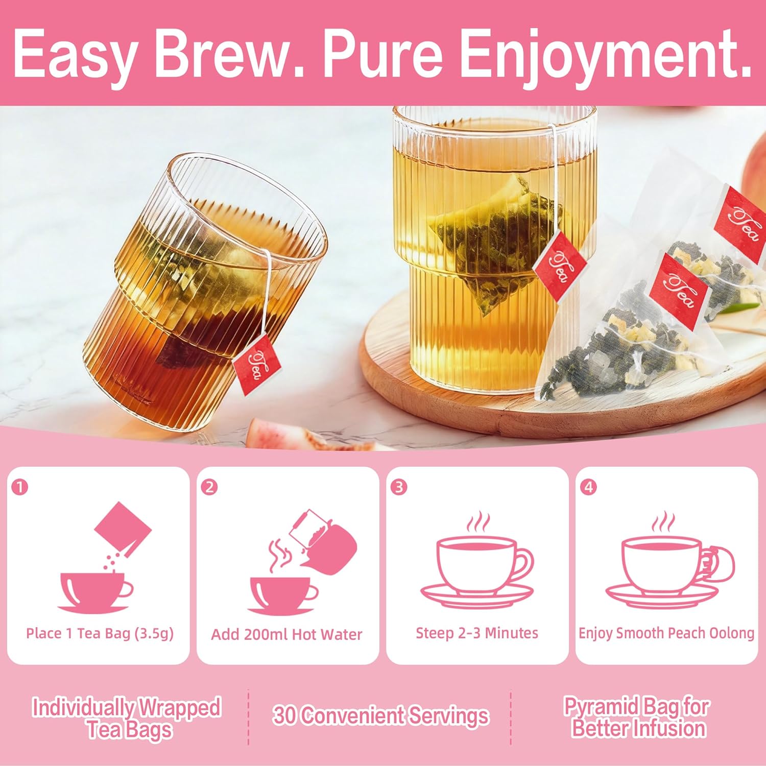 Peach Oolong Tea, Caffeine Alternative for Focus Support, Sweet Fruity Aroma and Smooth Oolong Flavor, Hot or Iced Daily Drink, 3.5g x 30 Bags