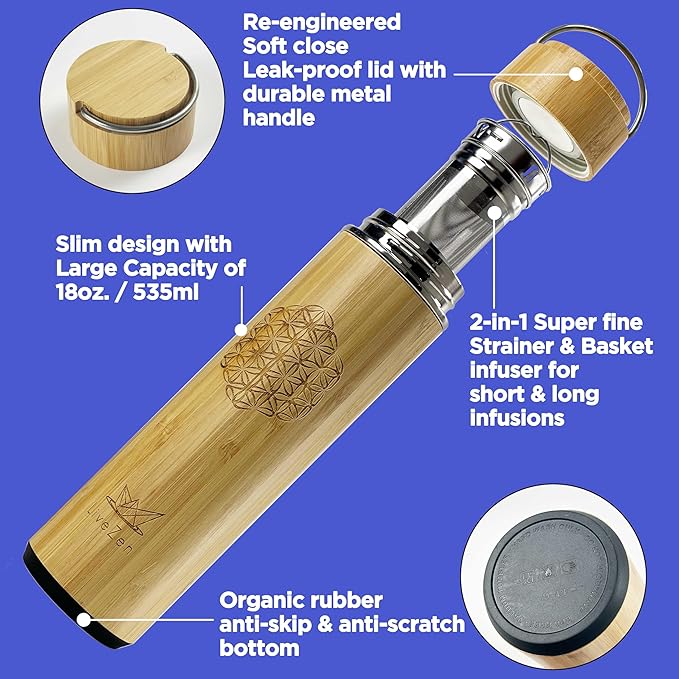 18oz Insulated Bamboo Tea Infuser Bottle for Loose Leaf Tea - Extra Fine Mesh Tea Steeper Basket Infuser with Chain Hook for Teapot Mug Cup Tumbler