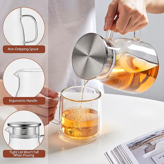 Cnglass One-Touch Glass Teapot, 27oz(800ml) Glass Tea Kettle with Stainless Steel Filter Lid, Stovetop Safe Loose Leaf Tea Maker