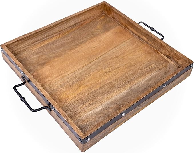 20"x20" Extra Large Square Ottoman Tray, Heavy Duty Mango Wood, for Serving Tea, Breakfast in Bed