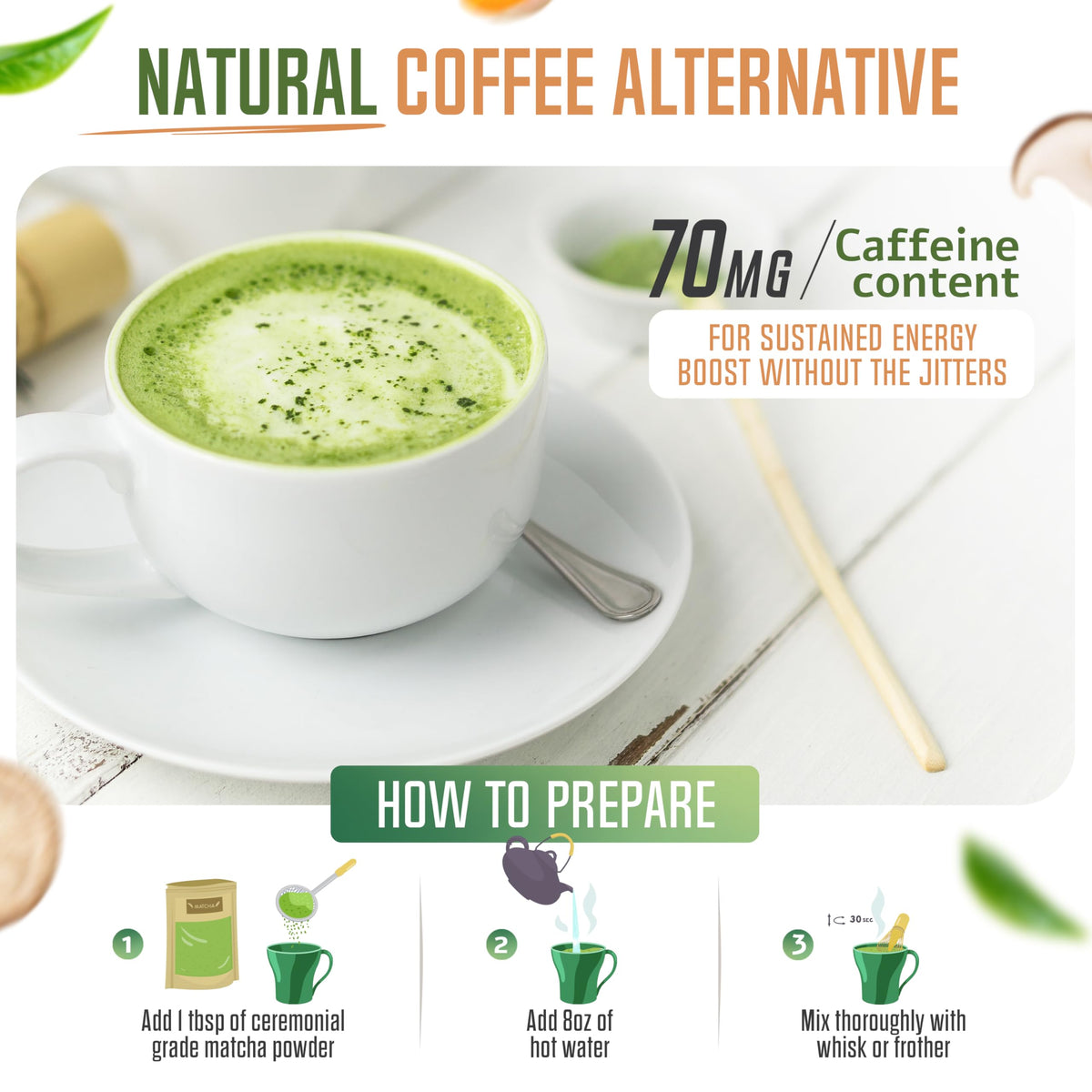 ReviTEAlize Mushroom Matcha Powder, Ceremonial Grade Matcha Powder 30 Svgs