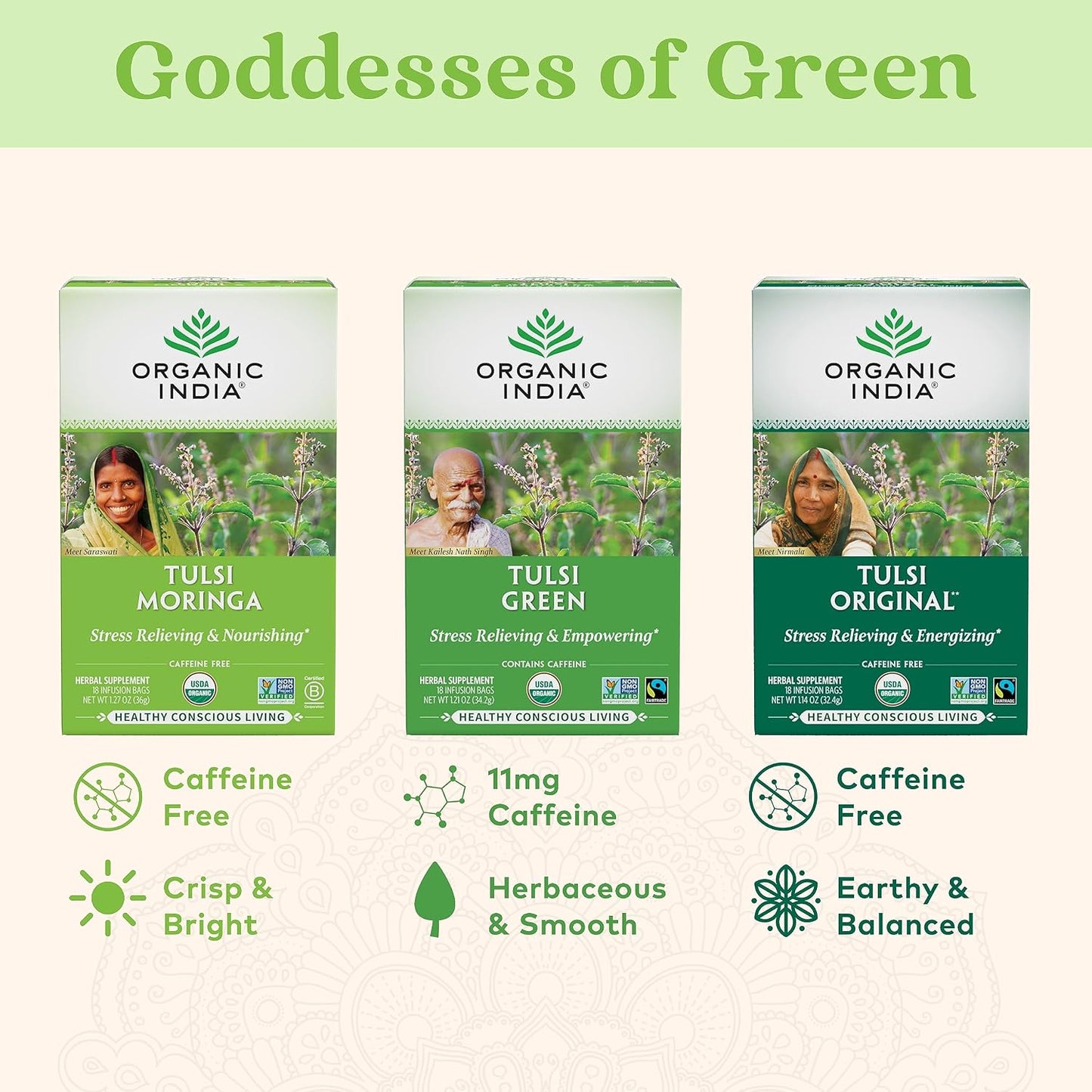 ORGANIC INDIA Tulsi Moringa Tea Bags - Holy Basil, Lemongrass, Moringa Leaves, Stress Relieving &amp; Nourishing, Immune Support Tea, Vegan, Certified Organic, Caffeine-Free - 18 Infusion Bags, 6 Pack