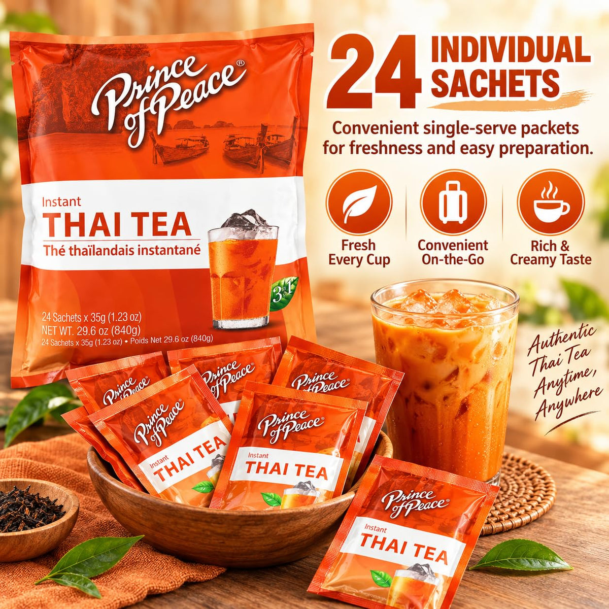 Prince of Peace 3 in 1 Instant Thai Tea Beverage, 24 Sachets Value Size – Instant Hot or Cold Beverage – Easy to Brew – Made