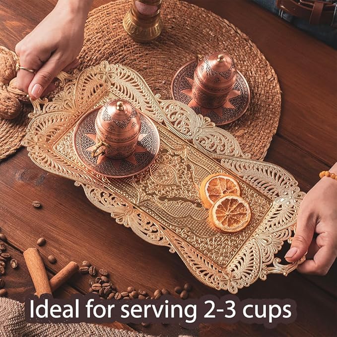 Small Gold Turkish Tea Coffee Serving Tray Table Decor Decorative Handles Rectangle
