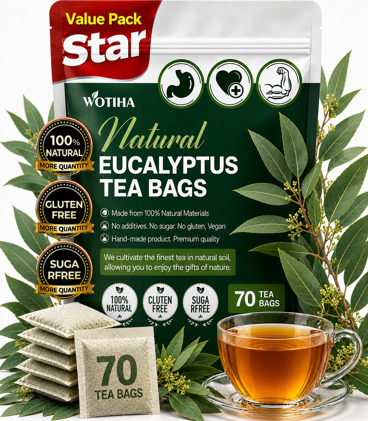 WOTIHA 70 Count Premium Eucalyptus Tea Bags - 100% Natural Eucalyptus Leaves, Boosts Respiratory Health,Non-GMO Caffeine-Free, Additive-Free, Sugar-Free, Vegan