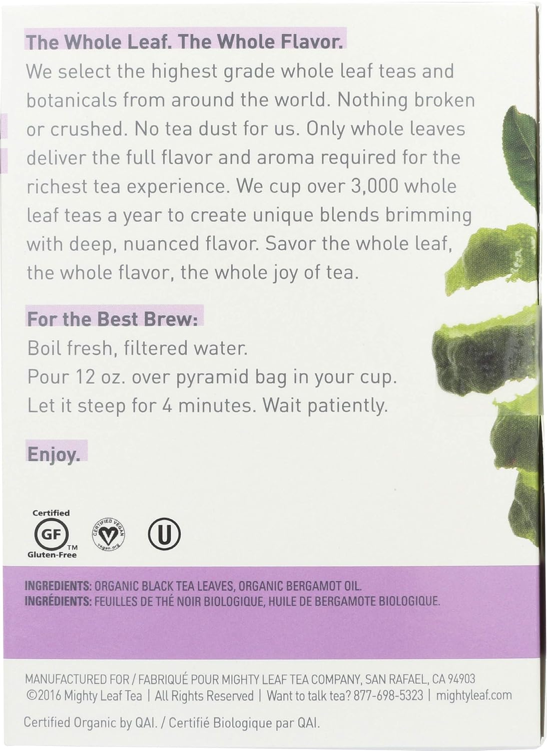 Mighty Leaf Whole Leaf, Tea Organic Earl Grey, 15 Tea Bags Individual Pyramid-Style Tea Sachets of Organic Caffeinated Black Tea with Organic Bergamot, Delicious Hot or Iced