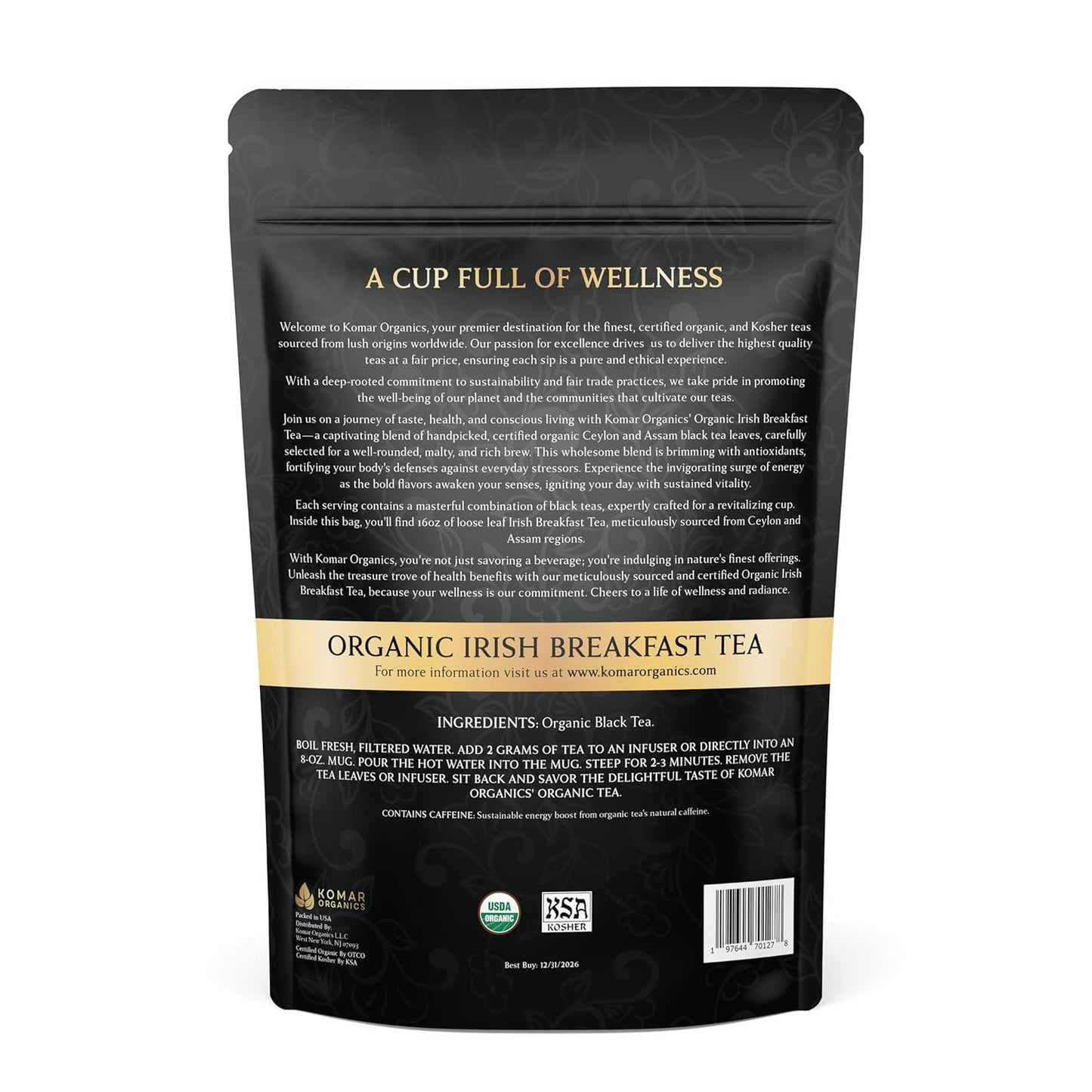 Komar Organics Irish Breakfast Tea – 16Oz USDA Organic Black Loose Leaf Tea – Certified Kosher Ceylon and Assam Black Tea Loose Leaf Rich in Antioxidants – Energy Boosting Organic Black Tea for Morning, Afternoon