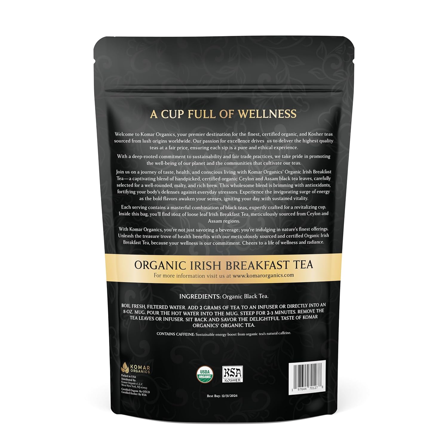Komar Organics Irish Breakfast Tea – 16Oz USDA Organic Black Loose Leaf Tea – Certified Kosher Ceylon and Assam Black Tea Loose Leaf Rich in Antioxidants – Energy Boosting Organic Black Tea for Morning, Afternoon