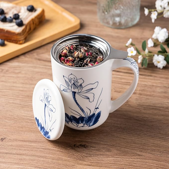 AmorArc Porcelain Tea Mug with Infuser and Lids, 18 Oz Large Cup Strainer with Bag Holder for Loose Leaf Tea
