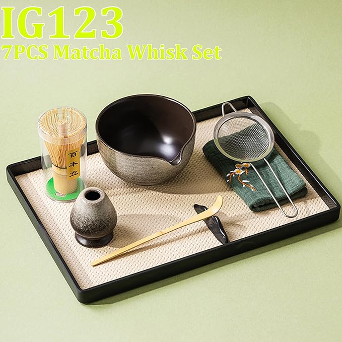 Japanese Matcha Set 7pcs - Ceramic Bowl & Hyaku Hon Tachi Bamboo Whisk (Chasen), Chashaku Spoon, Strainer, Cloth - Traditional Tea Ceremony Kit