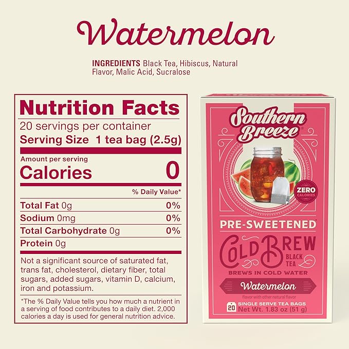 Southern Breeze Cold Brew Sweet Tea Watermelon Iced Tea with Black Tea and Zero Carbs Zero Sugar, 20 Individually Wrapped Tea Bags Southern Sweet Tea Iced Tea Beverage