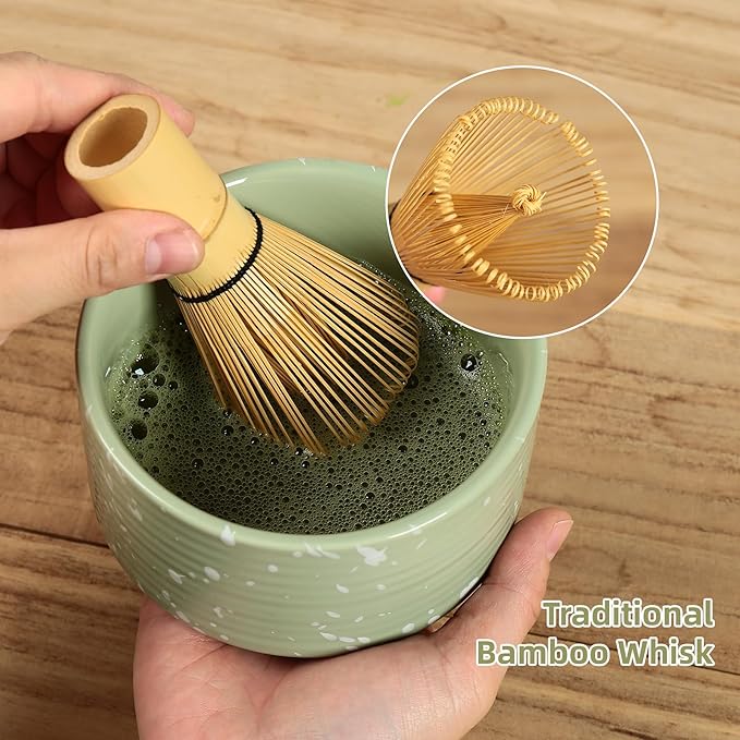 Matcha Bowl and Whisk Set, Ceramic Matcha Set Includes Matcha Bowl with Spout, Whisk & Holder, Bamboo Scoop, Stainless Sifter, Towel, Matcha Kit Making Tools,Light Green,7 PCS