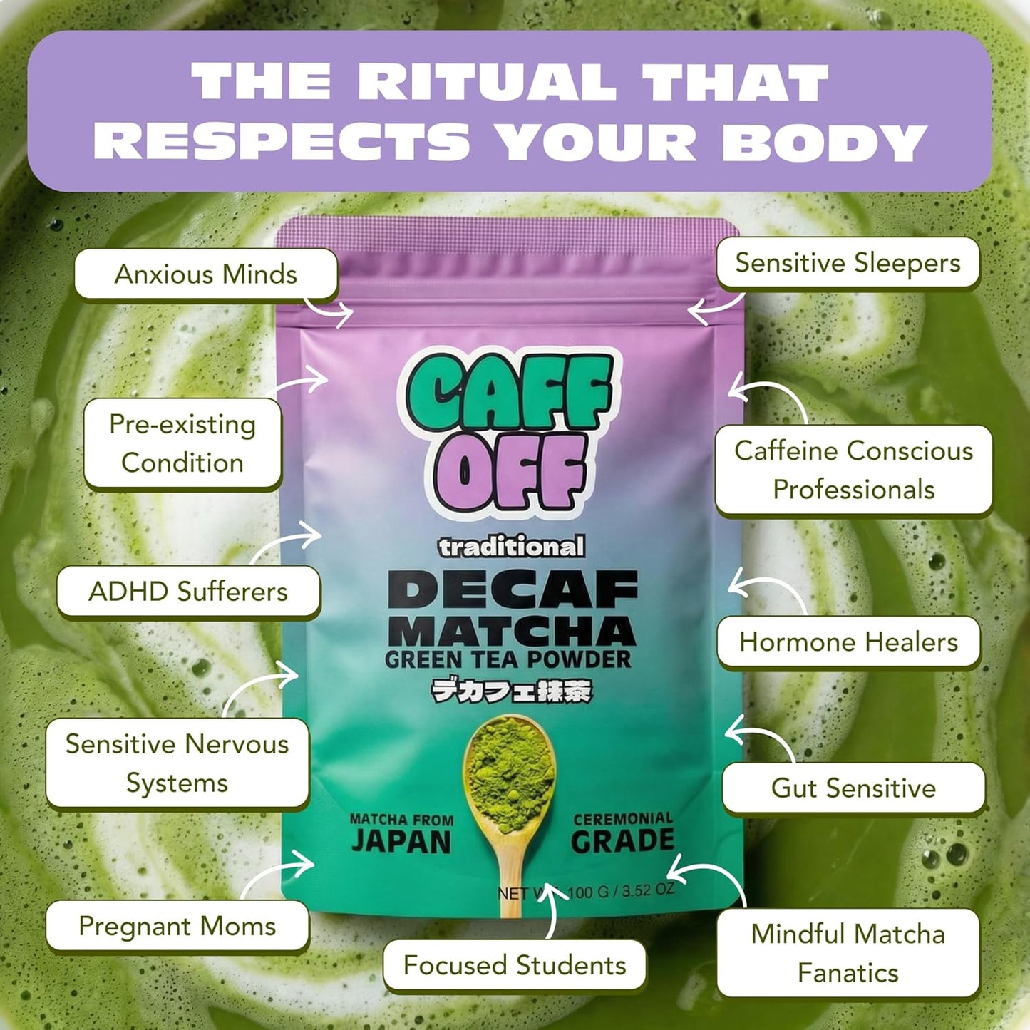 Caff Off Decaf Matcha Green Tea Powder From Japan – Small Premium Bag - 1.06 oz / 30 g – Ceremonial Grade – Naturally Decaffeinated Without Chemicals – Tested for Heavy Metals