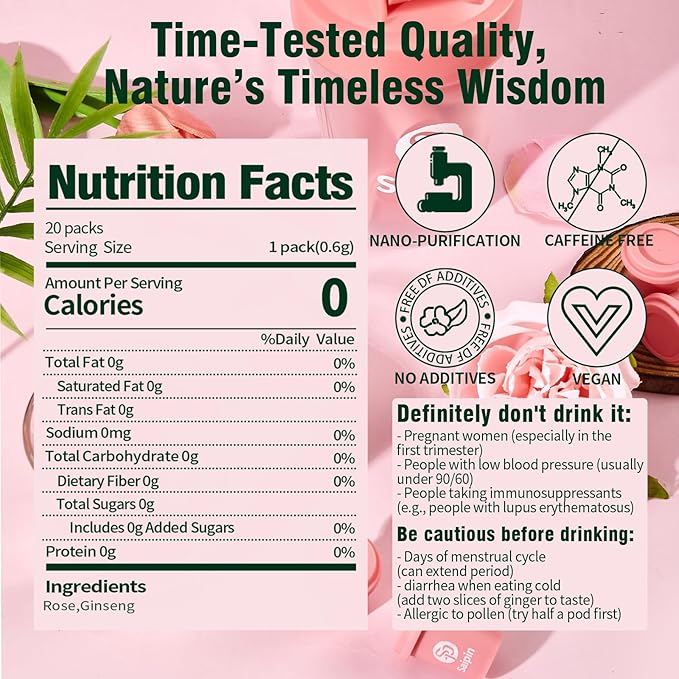 SAIPIN Ginseng Rose Tea with Shaker Bottle– Instant Herbal Kidney Tea for Energy & Beauty | 20 Pack Organic Adaptogen Rose Ginseng for Women & Men | Caffeine-Free, Sugar-Free | Detox