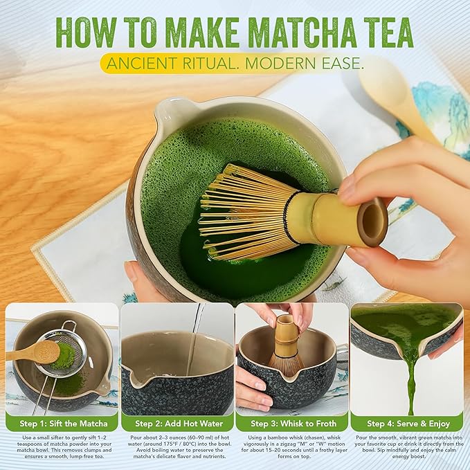7 Piece Matcha Whisk Set, Includes 30g Ceremonial Grade Matcha Powder, Metal Sifter, Bamboo Whisk, Whisk Holder, Bamboo Spoon, Tea Cloth, Matcha Bowl
