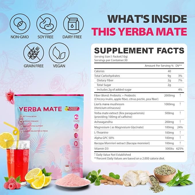 Super Yerba Mate Instant Powder, Yerba Mate with Lions Mane, Ashwagandha, Magbesium for Man & Women | Clean Energy & Focus Boost | Gut Support, Antioxidants | Raspberry Lemonade Flavor - 30 Servings