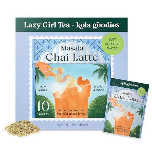 Kola Goodies Masala Chai Lazy Girl Tea Latte Powder – Indian Chai Mix with Ceylon Black Tea, Cardamom, Ginger, Cinnamon – Instant Spiced Chai Drink – Milk Tea Latte – 10 Servings