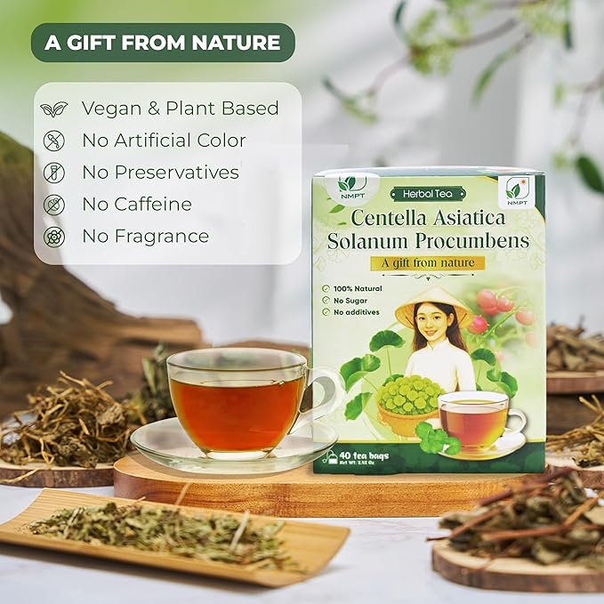 Nmpt Dried Centella Asiatica Solanum Procumbens Tea, Handpicked and Handmade, 40 Sachets, Cold-Dried, Gluten-Free, No Added Sugar, Mild Sweet Flavor