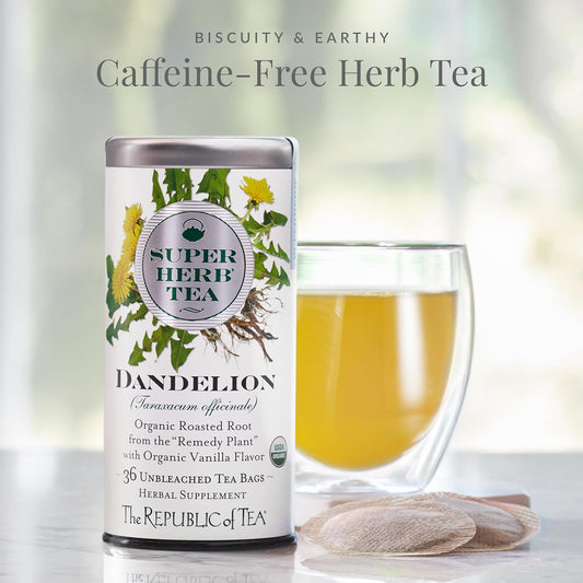 The Republic of Tea SuperHerb Organic Dandelion Herbal Tea, 36 Count | Caffeine Free. Suitable for day or evening sipping. Roasted with notes of smooth vanilla. USDA Organic and Gluten Free.