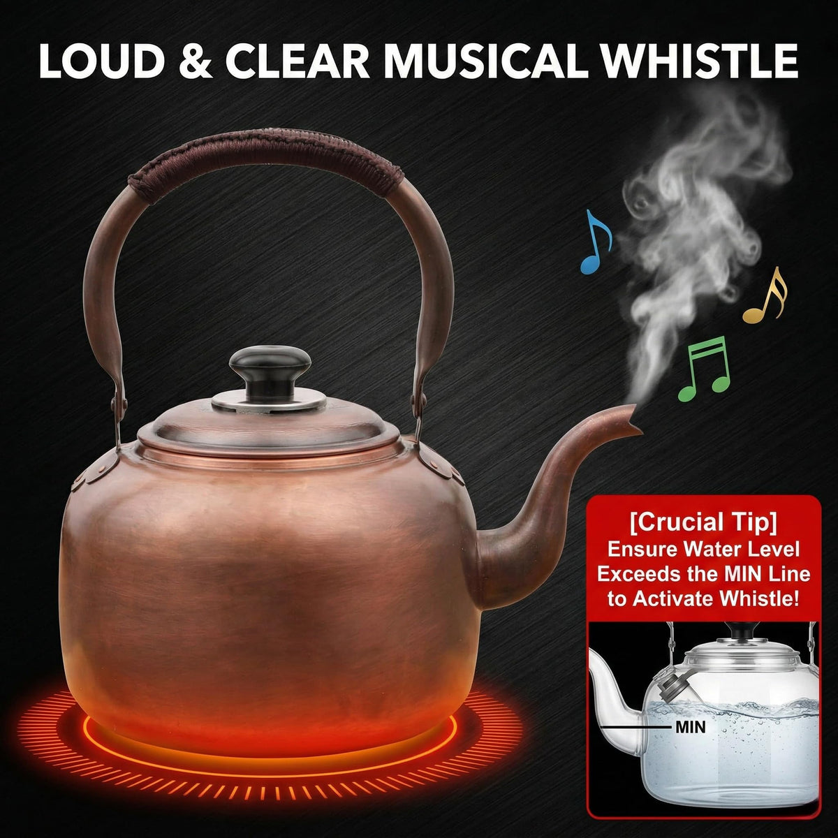 wloadry 3.2 QT Solid Copper Whistling Kettle | Large Capacity & Cool-Touch Handle
