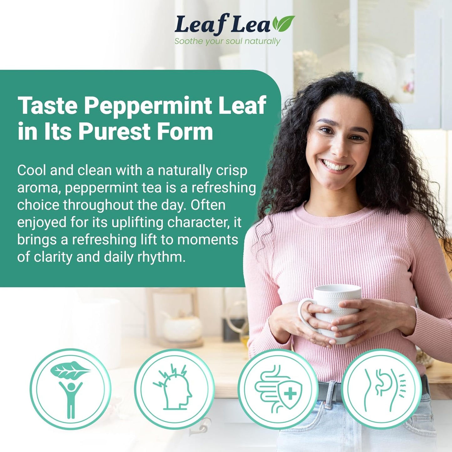 LeafLea Peppermint Tea Bags, Pure Single-Ingredient Mint Tea, 40 Count | Just Real Peppermint Leaves, Cool Refreshing Taste, Te De Menta, Caffeine-Free, Vegan, Individually Foil-Wrapped