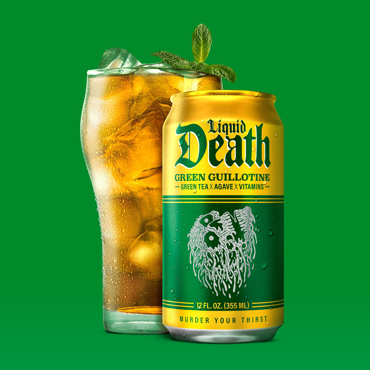 Liquid Death Iced Tea - Green Guillotine (Green Tea), Less Sugar*, Boost of Caffeine, B Vitamins, No Artificial Sweetene