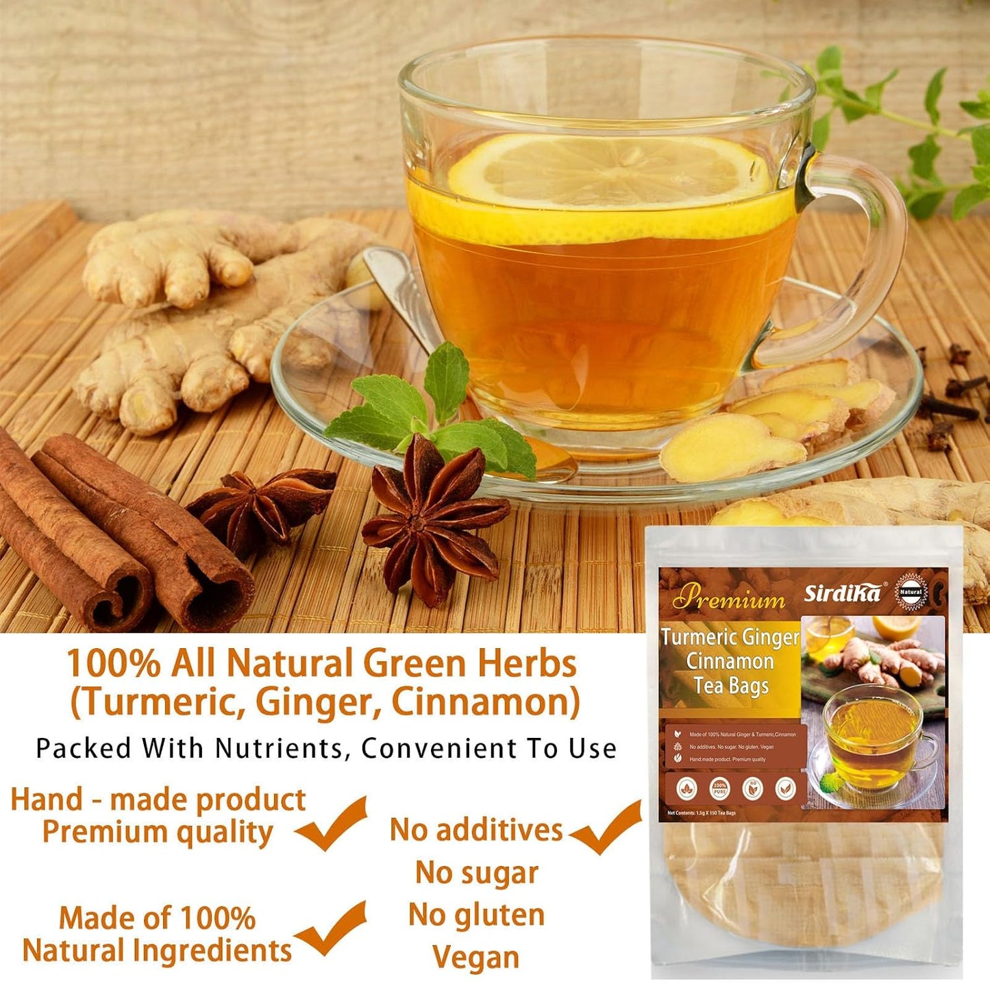 Turmeric Ginger Cinnamon Tea - 150 Teabags Premium Turmeric Ginger Herbal Tea, Curcuma Teas Bag Hand-made Blend of Turmeric&amp;Ginger&amp;Cinnamon, 100% Natural &amp; No Additives &amp; Caffeine Free (150 Count)