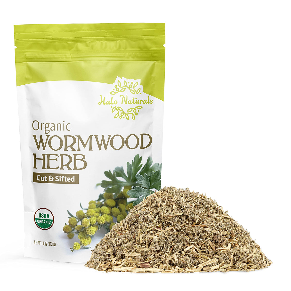Halo Naturals Organic Wormwood Herb Cut & Sifted, 4 Ounces (Artemisia Absinthium) USDA Certified Wormwood Tea | Non-GMO