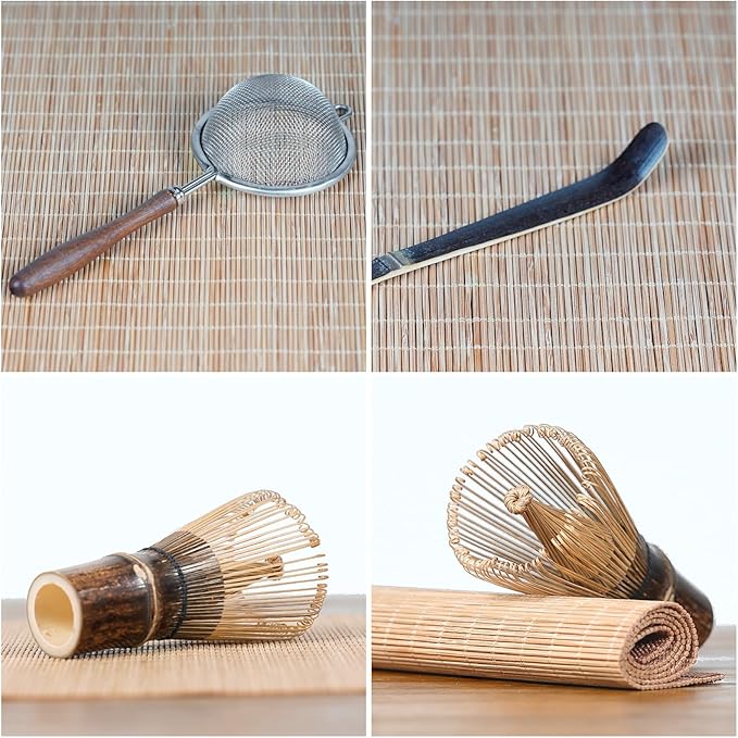 7-Piece Matcha Set with Ceramic Matcha Bowl, Bamboo Whisk (Chasen) & Holder, Sifter, Tea Scoop & Rest, Special Bamboo Tea Mat