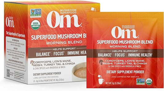 OM MUSHROOM SUPERFOOD Morning Energy Blend – Coffee-Free Mushroom Drink Mix with Cordyceps, Lion’s Mane, Rhodiola & Vitamin D2 – Natural Energy, Focus & Endurance Support – Single Serve (10 Count)